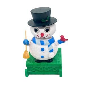 Solar-Powered Christmas Snowman with Broom & Cardinal On Sled Sleigh Base